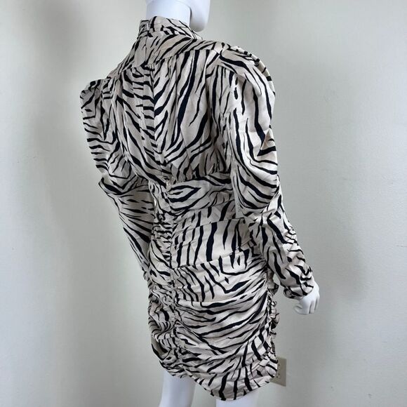 Bardot Women Size 10 Beige Animal Print Puff Sleeve Ruched Mini NEW Dress Party - Picture 6 of 16